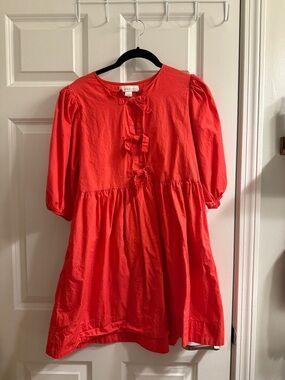 Bow-Front Puff Sleeve Mini Dress in Bright Coral